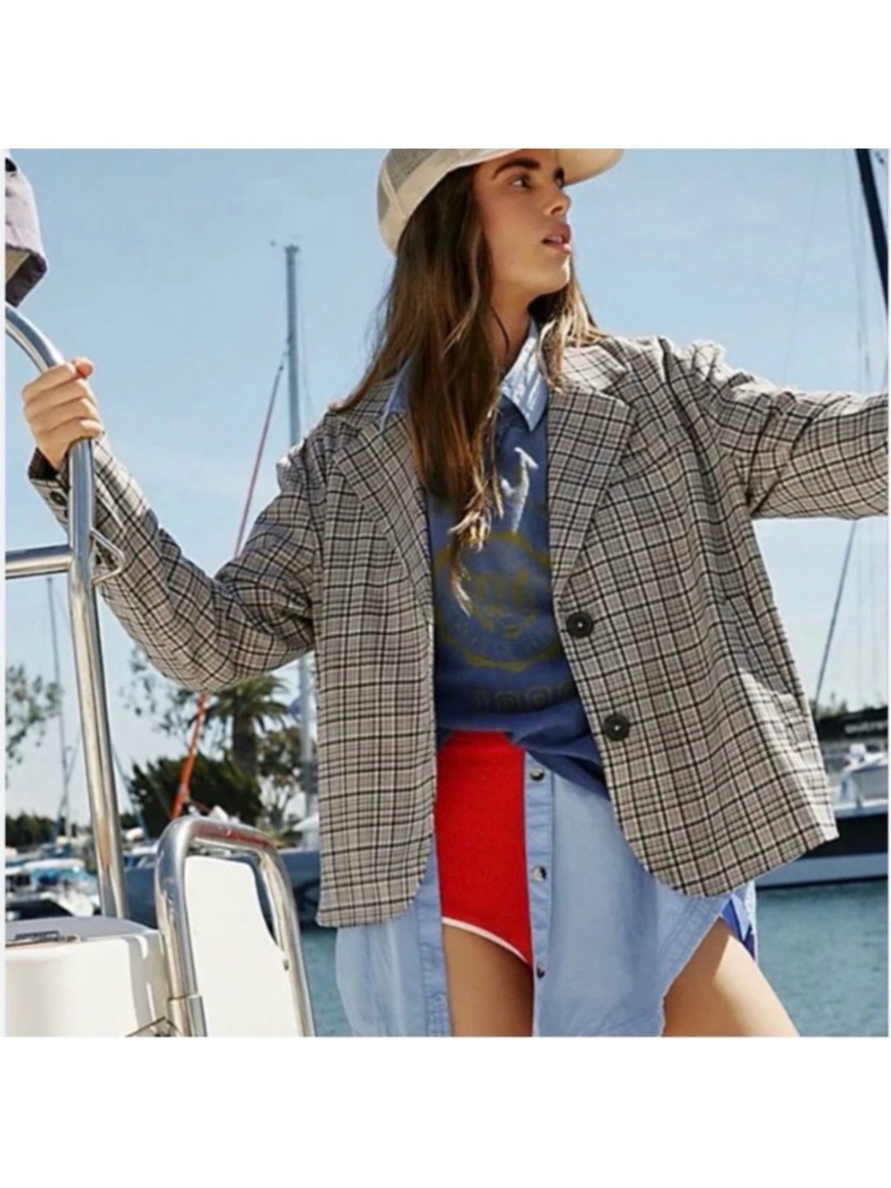 Free People We The Free Cali Plaid Blazer Jacket XL Oversized Preppy